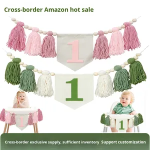 High Chair <b>Banner</b> Birthday Hat 1st Baby Birthday Party Baby Shower Decoration Green Theme Polyester UV Printed Photographic Prop - Product Image 3