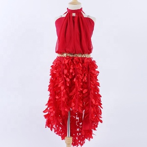 Rojo sin mangas vestidos de las niñas niño salón Latina Fring sólido color desgaste de la danza para niñas - Product Image 1