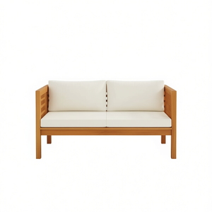 Canapé de jardin en bois d'acacia, deux places, blanc crème, mobilier d'extérieur, design contemporain, coussin en mousse haute densité robuste - Product Image 1