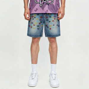 Shorts en jean vintage délavé pour homme, broderie étoile colorée, coupe droite ample, style décontracté streetwear, tendance mode - Product Image 6