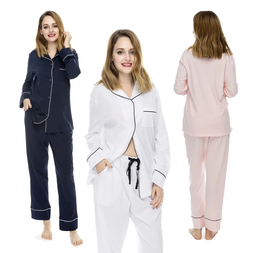 Hoge Kwaliteit 100% Katoen Breien Lange Mouwen Pyjama 2 Stuk Sets Met Piping En Trekkoord