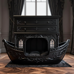 Cama para Mascotas <span class=keywords><strong>de</strong></span> Lujo OE-FASHION, Estilo Gótico, Negra, <span class=keywords><strong>de</strong></span> Madera Maciza, con Forma <span class=keywords><strong>de</strong></span> Bote, con Cajones <span class=keywords><strong>de</strong></span> Almacenamiento - Product Image 4