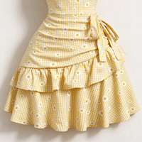 Gaun Mini Wanita Formal Vintage Musim Semi Gugur Motif Kotak-kotak Kuning dengan Pita di Leher, Aksen Kerut di Bagian Atas, Ikat Samping, dan Rok Berlapis Ruffle