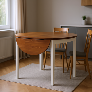 Extendable 55 <b>Round</b> Dining <b>Table</b> Wood Drop Leaf Folding Design For <b>Small</b> Spaces Natural Finish - Product Image 2