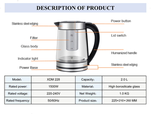 1.7L 360 Degree Rotational Base Stainless Steel Water <b>Kettle</b> Glass Teapot Cordless Glass <b>Kettle</b> With Filter CE CB - Product Image 5