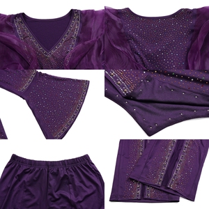 11018 Tenues africaines de luxe pour femmes, ensemble 2 pièces pour soirée, haut à col en V avec strass et manches à volants, <span class=keywords><strong>pantalon</strong></span> évasé fendu pour femmes - Product Image 5