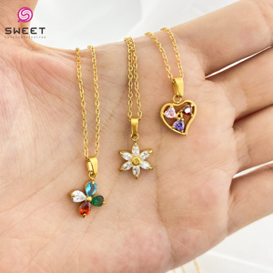 Collar con Colgante de Acero Inoxidable 316L Norma Europea, con Circonitas, Chapado en Oro, con Diseño de Corazón, Mariposa, Trébol de <span class=keywords><strong>4</strong></span> Hojas y Flor - Product Image 2