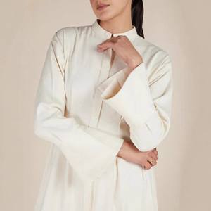 Col mandarin <span class=keywords><strong>décolleté</strong></span> structuré manchette évasée manches cloche Maxi plis coton blanc robes modestes - Product Image 6