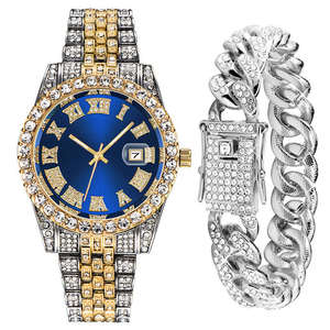 Suxuan Montre à quartz décontractée incrustée de diamants pour hommes Montre en cristal à la mode + <span class=keywords><strong>bracelet</strong></span> Ensemble montre-cadeau - Product Image 4