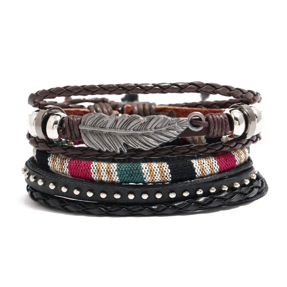 Men's Leather Bracelet Set Jewelry Alloy Feather Beaded Pull Bracelet Combination Ethnic Bracelet 2023