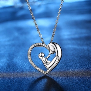 Collane <span class=keywords><strong>con</strong></span> Ciondolo a Cuore in Argento e Oro <span class=keywords><strong>con</strong></span> Zirconi, Charm Madre Figlia Figlio Mamma Bambino, Regalo per la Festa della Mamma - Product Image 1