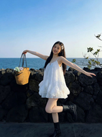 Robe Camisole Blanche Romantique à Volants pour Femme, Style Vacances d'Été au Bord de Mer, Jupe Courte et Moelleuse Effet Gâteau de Fée
