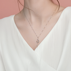 Exclusivo Collar con Colgante de Diamante Natural Real en Forma de Luna, Diseño Moderno, Oro Blanco Sólido de 18K, Regalo de San Valentín para Chicas - Product Image 4