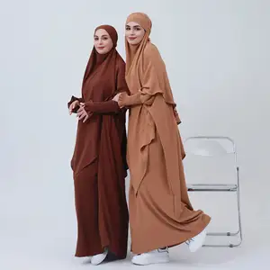 最新批发定制Abaya迪拜头巾绉纱爵士2层Khimar Jilbab Abaya套装女装Abaya穆斯林Jilbab