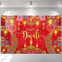 Fond de photographie personnalisable avec motif Paon, Diya et Rangoli, pour Diwali, lumières de festival indien et bannière de fête