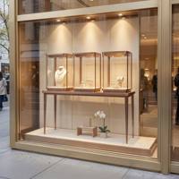 Solución de Exhibición para Joyería a Medida: Vitrina en Oro Rosa con Foco Empotrado, Llave en Mano para Equipamiento de Boutiques de Marca