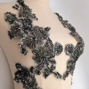 手工全身刺绣设计水晶紧身胸衣贴花婚礼面料银蕾丝贴花