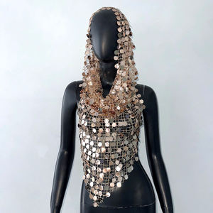 Haut de plage sexy pour femme, ajouré, en maille ouverte, orné de sequins dorés, avec capuche - Product Image 6