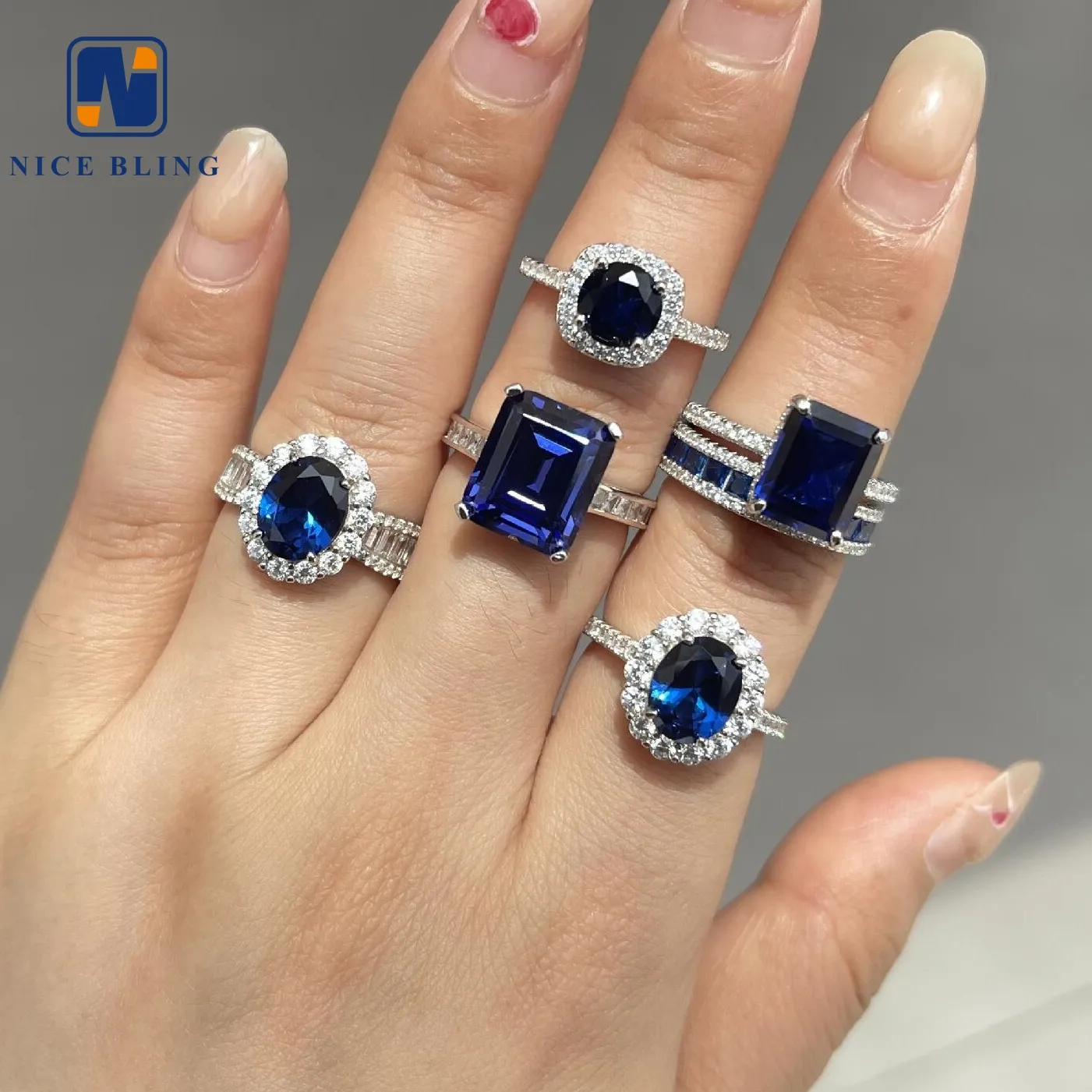 Harga grosir 925 sterling silver safir cincin berlian biru fashion wanita perhiasan bentuk penuh cz batu cincin pernikahan