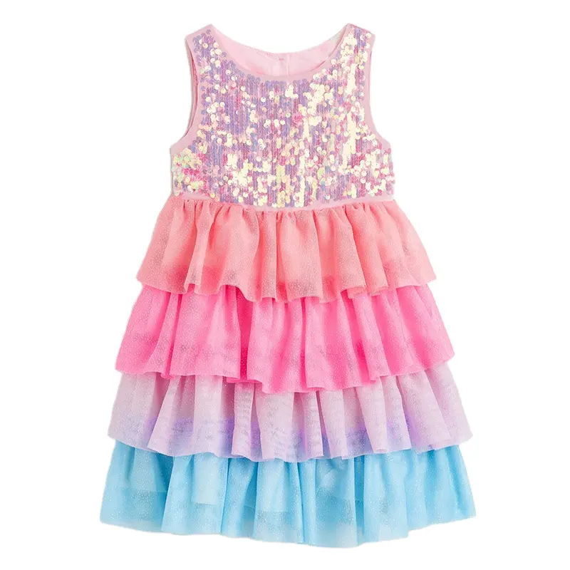 Hochwertige benutzer definierte Pailletten Tüll Kleid ärmelloses geschichtetes Design Little Girls Sweet Pailletten Kleid für das tägliche Leben Party Time