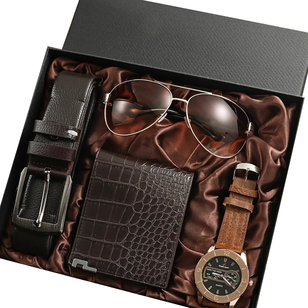 Saat hediye seti erkekler ve kadınlar için sıcak satış 4 adet/takım çanta kemer izle güneş gözlüğü erkekler için saat seti hediye kutusu