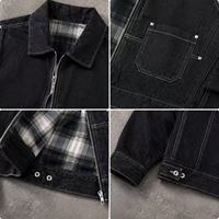 Veste en jean noire pour homme, style vintage streetwear, délavée, doublure à carreaux, fermeture éclair, vêtement de travail décontracté, vente en gros personnalisée