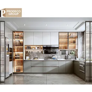 Prodeco acrílico moderno aluminio melamina acabado barato gabinetes de cocina encimeras diseño para el hogar