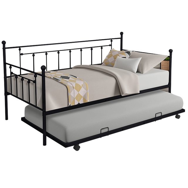Modern Twin Size Daybed Trundle Frame Set Black Metal Daybed Pull-out Trundle Teens Kids Dormitory Bed Living Room Bedroom Room
