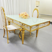 Table de mariage moderne de luxe en acier inoxydable avec plateau en verre, mobilier haut de gamme pour banquets et événements de mariage