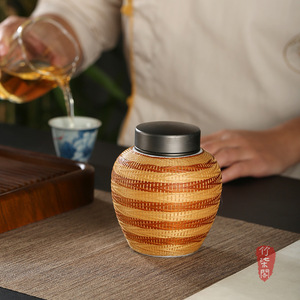 Handmade Bamboo Woven Ceramic Tea Caddy Screw Cap Airtight Jar For Pu'er Tea Storage - Product Image 1