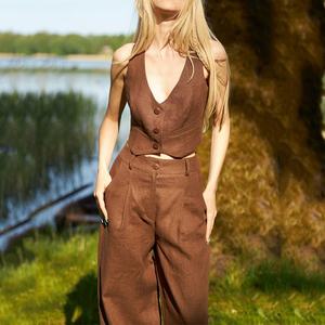 Fabricants - Vente chaude - Ensemble deux pièces formel sans manches de style hawaïen - Veste et pantalon - Sur mesure - Ensembles en lin 100% pour femmes - Product Image 2