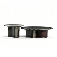 Ensemble de tables basses modernes de luxe en pierre naturelle verte, placage de bois fumé, tables rondes gigognes, base en acier inoxydable miroir