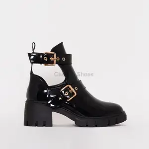 Bottines Martin découpées à bout rond pour femmes, nouvelle mode bottes noires en verni, à bretelles, à boucle, talons épais bloc, tendance 2020