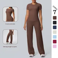 Combinaison de yoga TongJoes à manches courtes et jambes larges, respirante, en spandex/nylon brossé double face, pour l'entraînement, la course à pied et le fitness