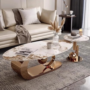 Tavolino <span class=keywords><strong>da</strong></span> Caffè Italiano di Lusso Leggero con Piano in Lastra di Pietra e Base in Metallo Ovale per Soggiorno e Piccoli Appartamenti, <span class=keywords><strong>Design</strong></span> Semplice ed Elegante - Product Image 1