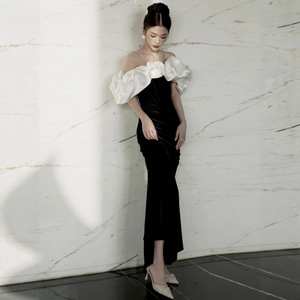 Evening Gown French Style Black Off The Shoulder Contrast Color Natural Waistline Slim Fit For Coming Of Age Ceremony - Product Image 2