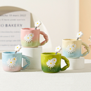 Personalized Daisy Ceramic Mug Handmade Flower Coffee Mug with Spoon - Product Image 1