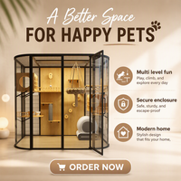 Grande Villa pour Chat en Verre Trempé Courbé avec Roulettes Universelles, Panneau Perforé DIY, Écologique, Réglable, Toutes Saisons