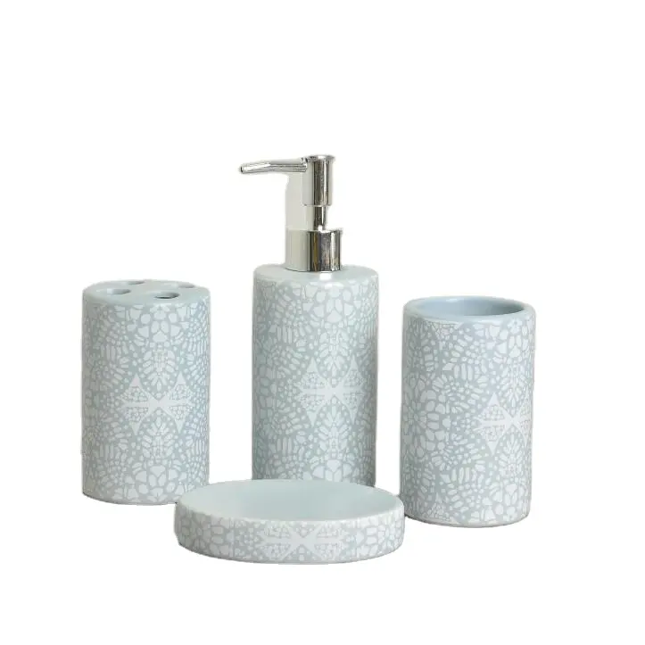 Accesorios de baño conjunto de 4 piezas de cerámica regalo de dispensador de jabón plato vaso titular de cepillo de dientes