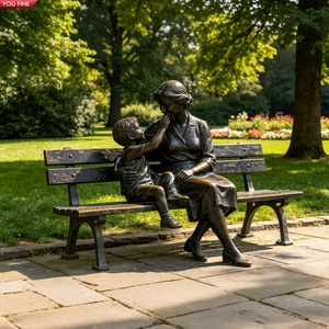 YOUFINE Statue en bronze grandeur nature Mère et enfants sur un banc Sculpture familiale pour la décoration de parcs et de jardins - Product Image 2