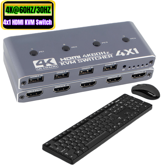 4K 60hz 30HZ 4 Port HDMI 2.0 KVM Switch 4x1 4 in 1 Out  KVM USB 2.0 Switcher Hub for 4 PC Computer Share Monitor Mouse Keyboard