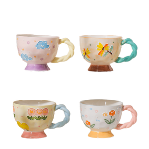 European Art Style Irregular <b>Ceramic</b> Dessert <b>Cup</b> Flower Pattern <b>Ceramic</b> Coffee Mug High Footed Ice Cream <b>Cup</b> - Product Image 1