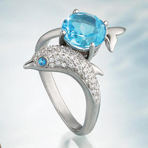 Anello Cocktail F361 a Forma di Delfino per Donna, con Pietra Rotonda in Acquamarina Naturale, Montatura Pavé, Regalo, Anelli alla Moda - Product Image 1