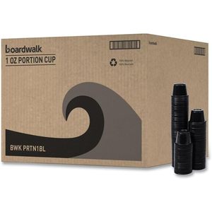 Vasos desechables de plástico negros Boardwalk PRTN1BL Souffle Section Cups de 1 oz para aperitivos y bebidas, 2500/unidad por caja - Product Image 1