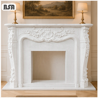 Cheminée en marbre blanc sculpté à la main de luxe BSA, style européen, avec décor floral, pour salon, villa, décoration