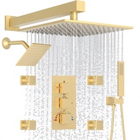 Système de douche thermostatique 4 poignées en laiton doré brossé, avec pommeau de douche pluie carré mural de 10 pouces, kit combiné pour installation encastrée de 6 pouces et douchette à main