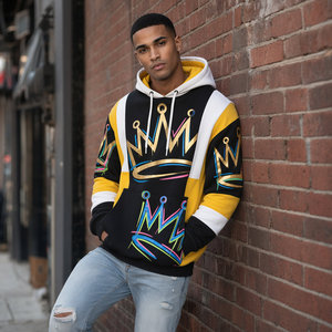 <span class=keywords><strong>Sudadera</strong></span> con Capucha para Hombre, Diseño de Corona con Estampado de Grafiti, Color Principal Negro, Bloques de Color Amarillo/Blanco, Estilo Urbano, <span class=keywords><strong>Sudadera</strong></span> de Algodón, OEM ODM - Product Image 2