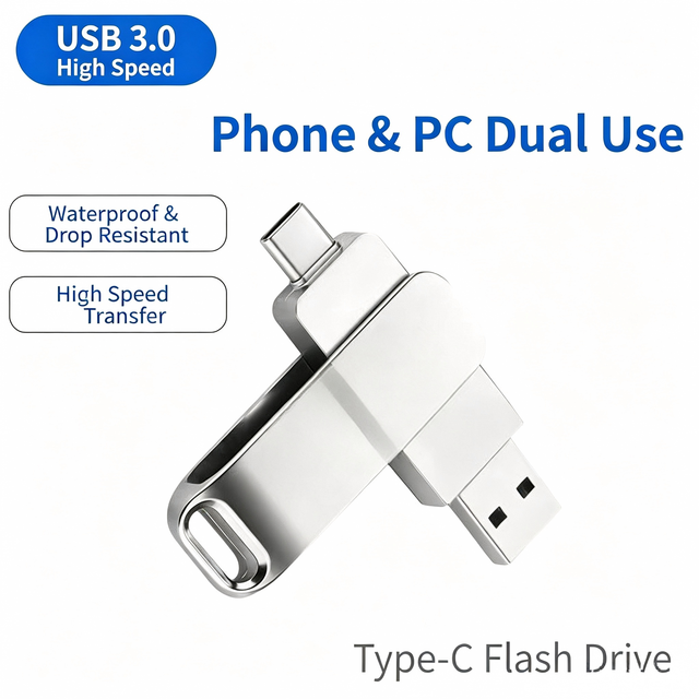 New Type-C OTG 2-in-1 High-Speed Metal USB 2.0/3.0 Flash Drive 128MB 4GB 8GB 16GB Custom Logo 1-Year Warranty