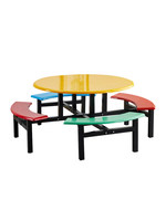 Table de cantine commerciale avec bancs intégrés et tabourets ronds, structure métallique, sièges de cafétéria pour écoles, vente en gros pour usines