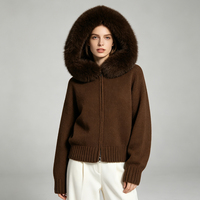 Jxwatcher – Manteau tricoté à capuche avec fermeture éclair, col en vraie fourrure de renard, cardigan d'hiver en laine pour femme, pull tricoté à manches longues